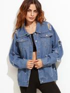 Romwe Blue Distressed Button Front Denim Jacket
