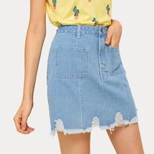 Romwe Ripped Button And Pocket Detail Denim Skirt