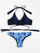 Romwe Woven Back Wrap Bikini Set With Tassel