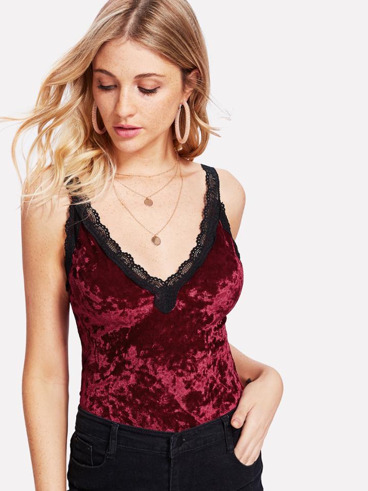 Romwe Lace Trim V Back Crushed Velvet Top