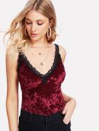 Romwe Lace Trim V Back Crushed Velvet Top