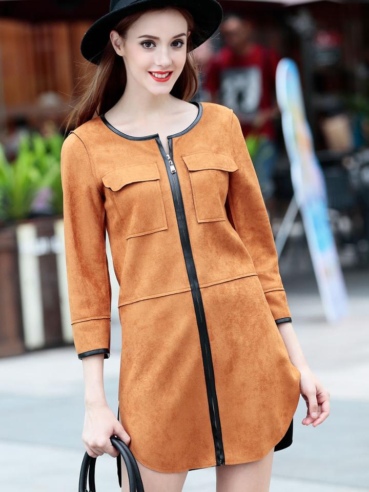 Romwe Camel Round Neck Length Sleeve Zipper Pockets Dress