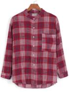 Romwe Stand Collar Plaid Pocket Red Blouse