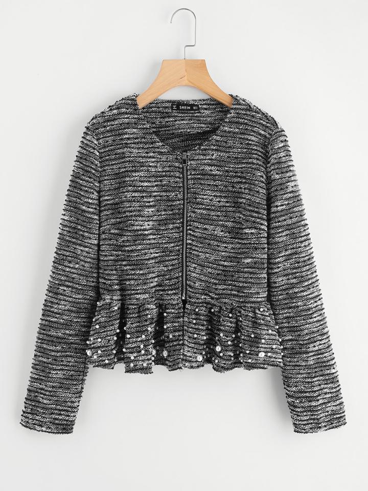 Romwe Pearl Beading Tweed Peplum Jacket