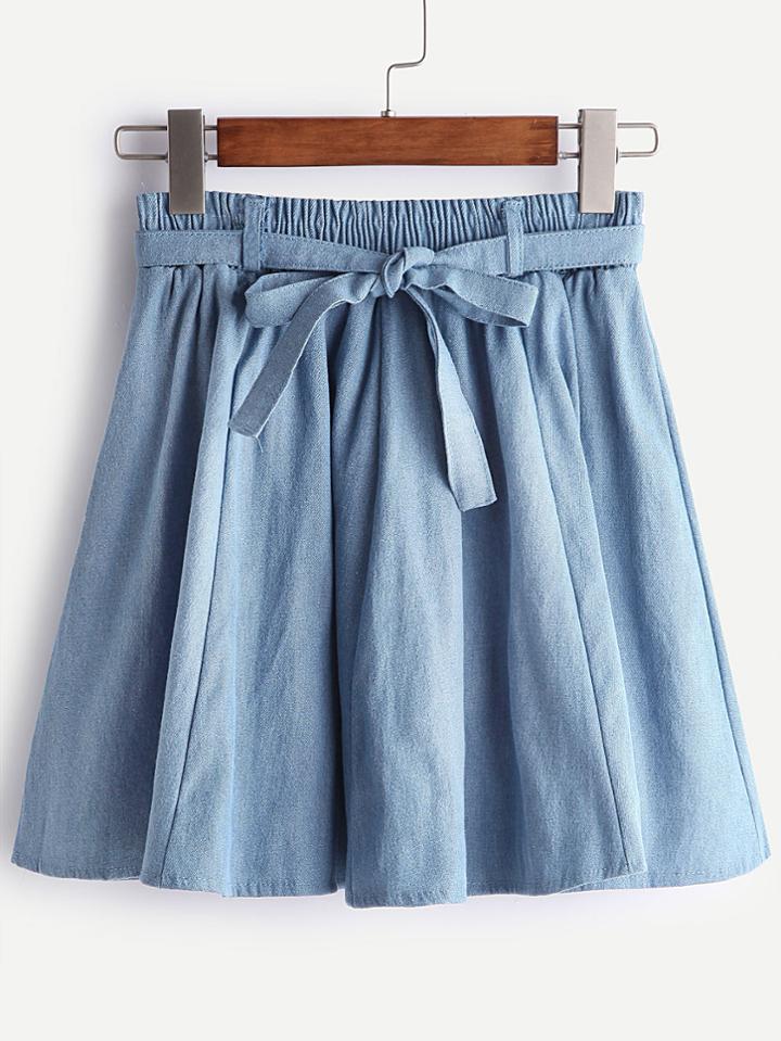 Romwe Blue Self Tie Box Pleated Denim Skirt