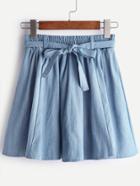 Romwe Blue Self Tie Box Pleated Denim Skirt