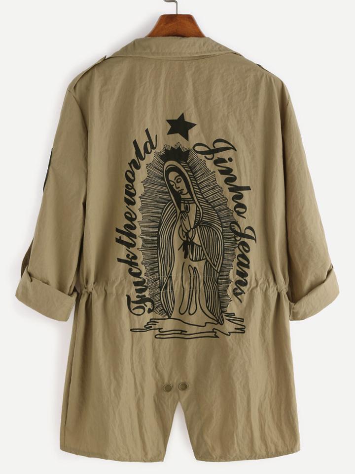 Romwe Print Back Drawstring Waist Zip Up Utility Coat
