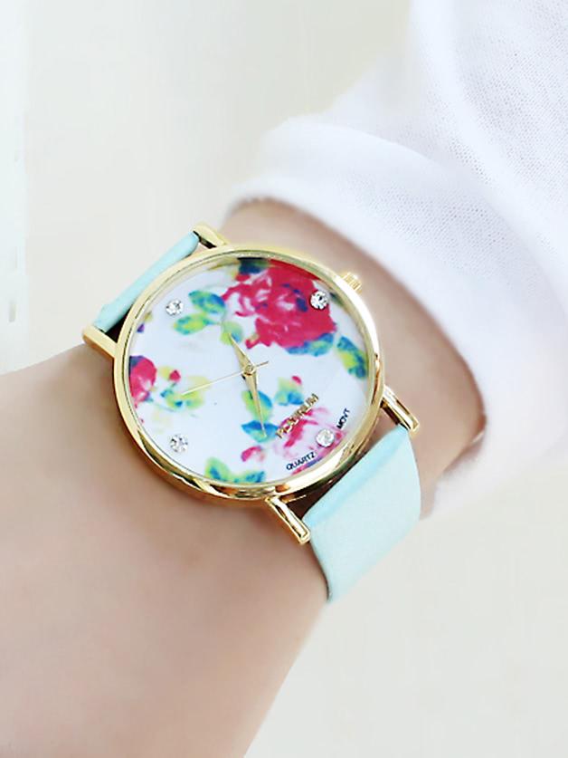 Romwe Blue Pu Wristband Flower Print Wrist Watch Bracelets
