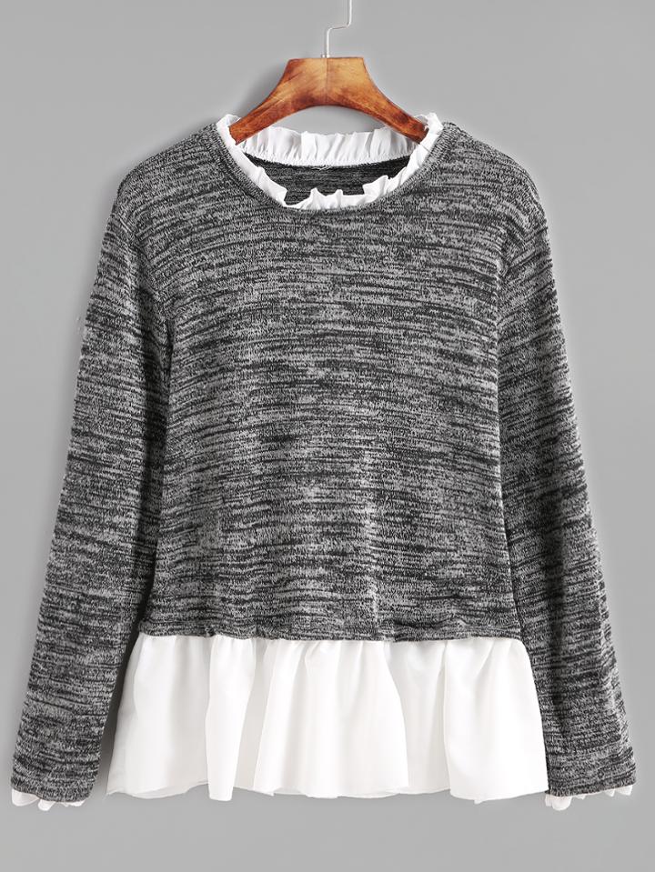 Romwe Dark Grey Contrast Ruffle Trim T-shirt