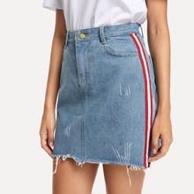 Romwe Raw Hem Striped Denim Skirt