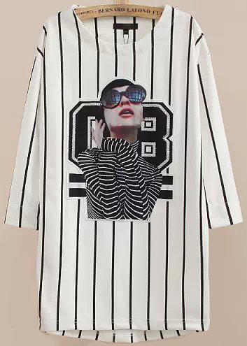 Romwe White Vertical Stripe Beauty Print T-shirt