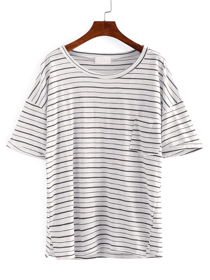 Romwe Drop Shoulder Pocket Front Striped T-shirt