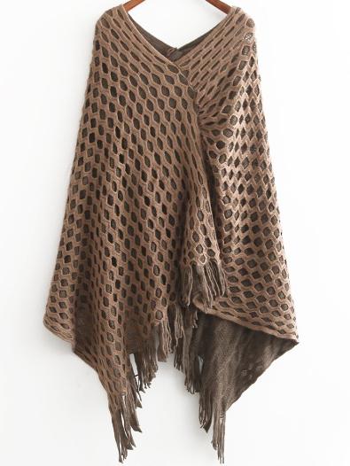 Romwe V Neck Hollow Fringe Khaki Poncho