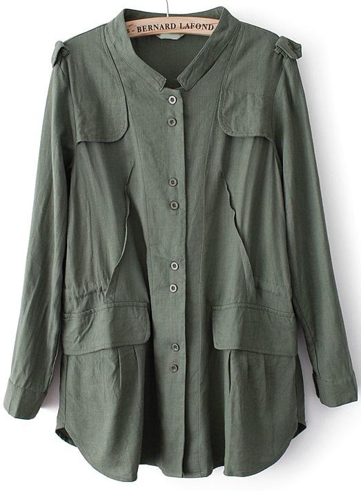Romwe Green Long Sleeve Pockets Trench Coat