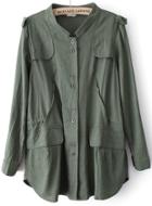 Romwe Green Long Sleeve Pockets Trench Coat