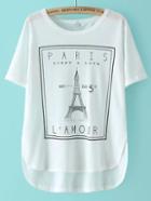 Romwe Eiffel Tower Print Dip Hem White T-shirt