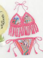 Romwe Graphic Print Crochet Trim Fringed Bikini Set