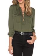 Romwe Green Lapel Bandage Pockets Blouse