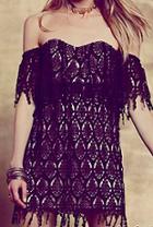 Romwe Off-shoulder Hollow Lace Black Dress