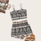 Romwe Random Aztec Print Button Front Cami Top With Shorts