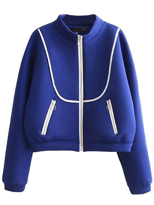 Romwe Royal Blue Stand Collar Pocket Jacket