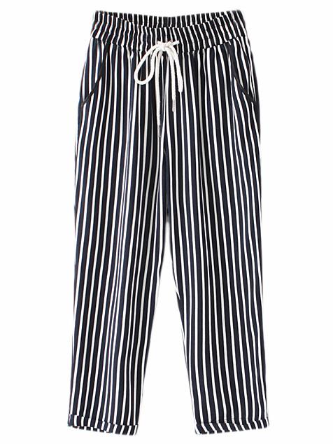 Romwe Black White Tie-waist Pockets Vertical Stripe Pants
