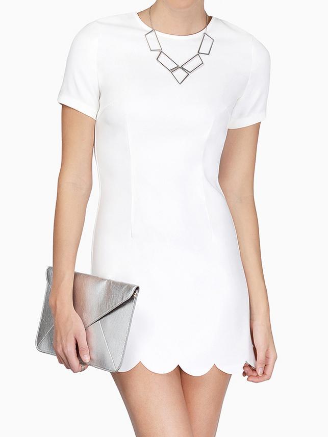 Romwe Short Sleeve Scalloped Hem White Dress