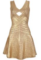Romwe Gold V Neck Sleeveless Hollow Ruffle Dress