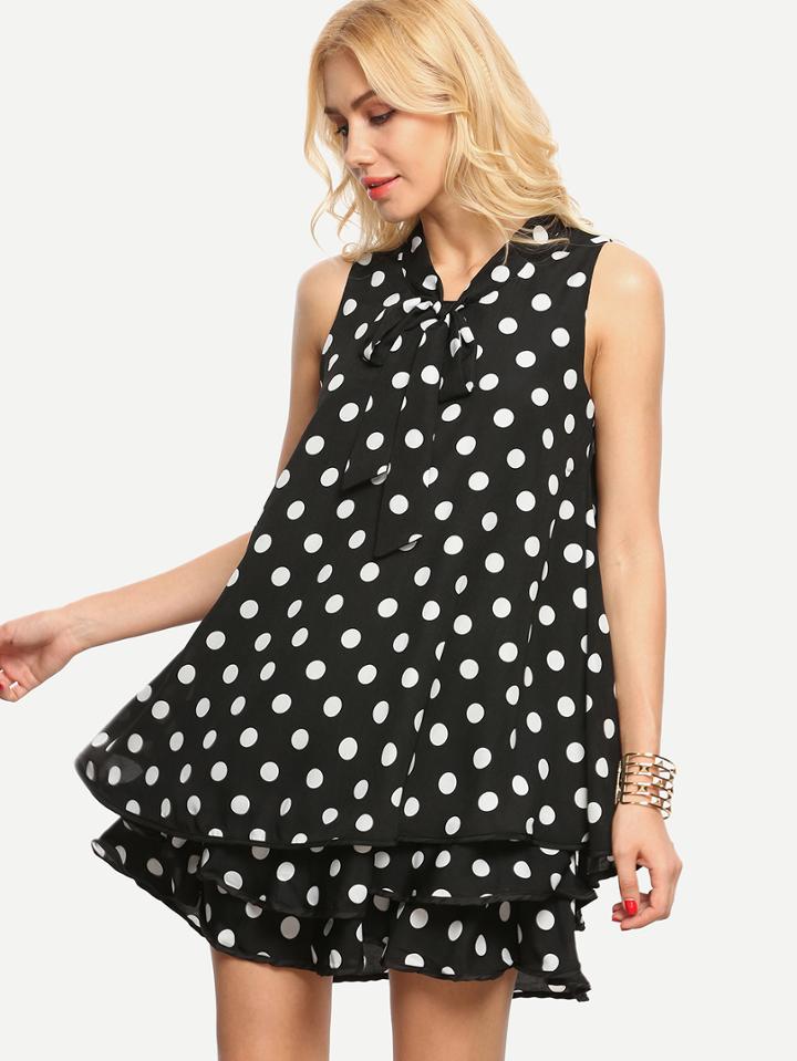 Romwe Tiered Lace Up Polka Dot Sleeveless Dress