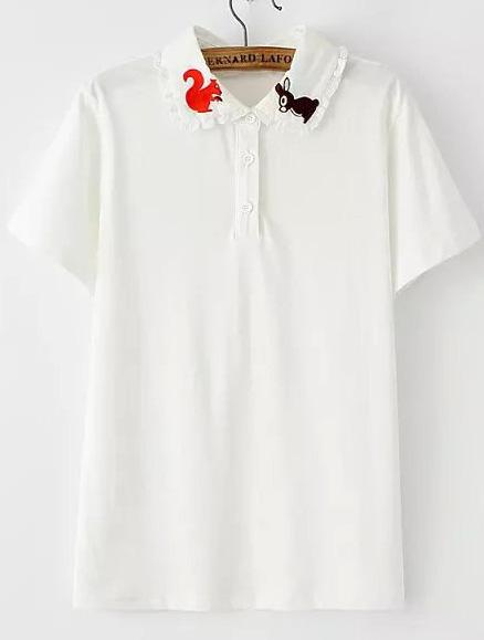 Romwe Squirrel Embroidered With Buttons White T-shirt
