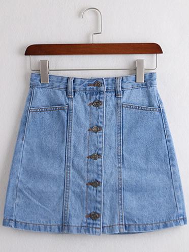 Romwe Blue Buttoned Front Denim Skirt