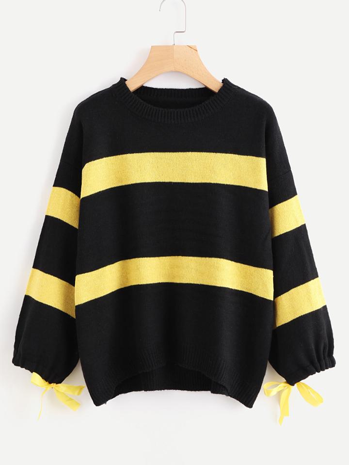 Romwe Ribbon Tie Wide Striped Jumper