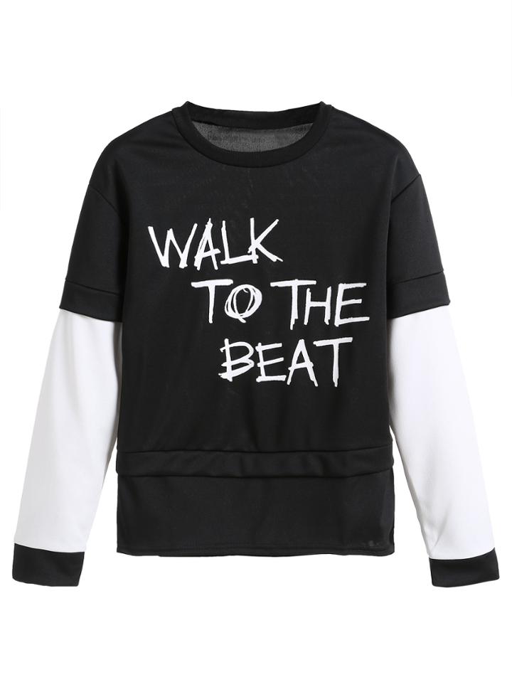 Romwe Black Contrast Sleeve Letters Print 2 In 1 Sweatshirt