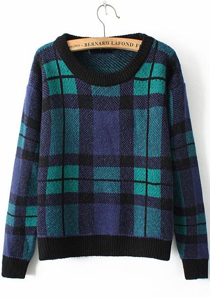 Romwe Check Print Crop Green Sweater