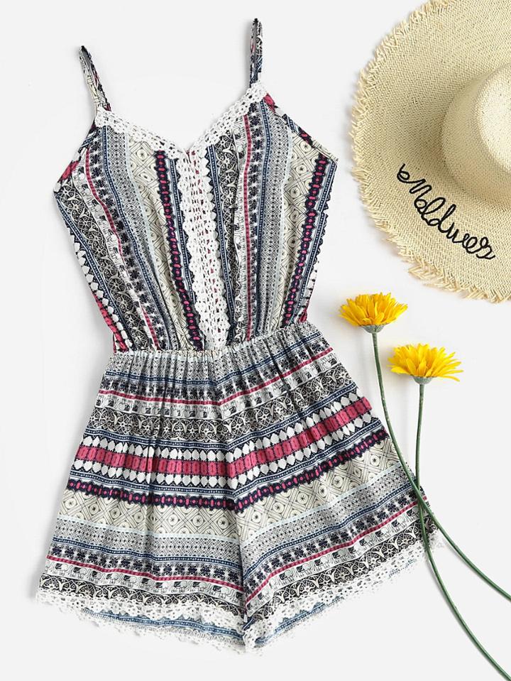Romwe Allover Printed Random Lace Trim Cami Romper