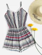 Romwe Allover Printed Random Lace Trim Cami Romper