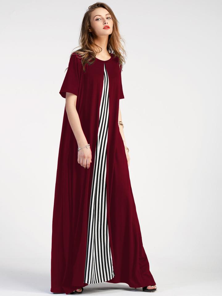 Romwe Contrast Striped Panel Full Length Dress