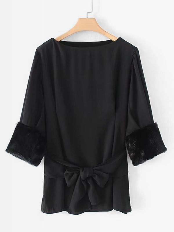 Romwe Faux Fur Cuff Self Tie Blouse