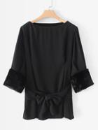 Romwe Faux Fur Cuff Self Tie Blouse