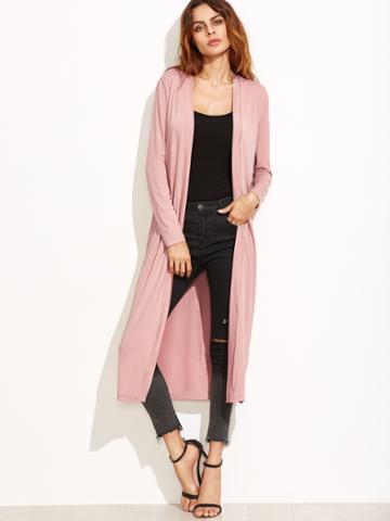 Romwe Pink Collarless Longline Duster Coat