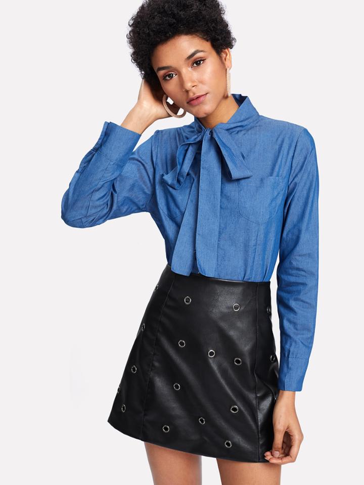 Romwe Grommet Detail Coated Skirt