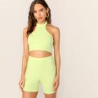 Romwe Neon Yellow Open Back Halter Top And Cycling Shorts Set