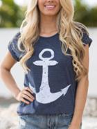 Romwe Anchor Print Rolled Sleeve T-shirt