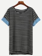 Romwe Black Striped Contrast Trim T-shirt