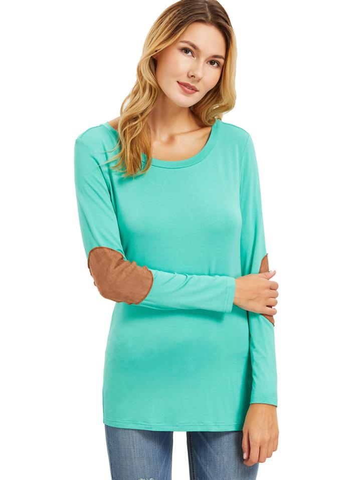 Romwe Green Long Sleeve Elbow Patch T-shirt