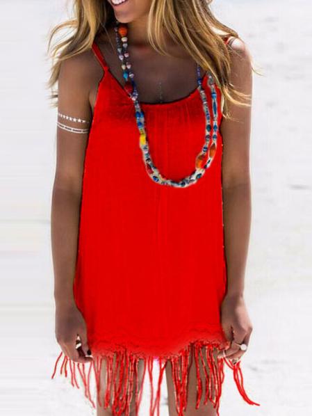 Romwe Spaghetti Strap Criss Cross Back Fringe Dress
