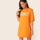 Romwe Neon Orange Letter Print T-shirt Dress