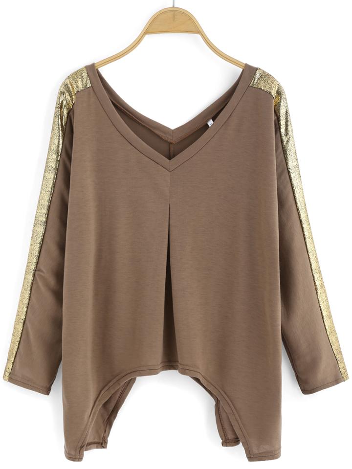 Romwe V Neck Asymmetrical Khaki T-shirt