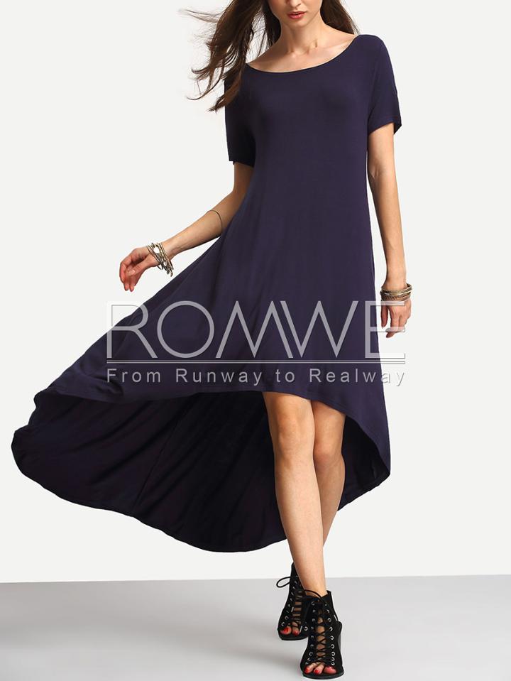 Romwe Deep Blue Dip Hem Casual Midi Dress