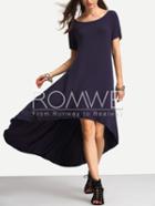 Romwe Deep Blue Dip Hem Casual Midi Dress